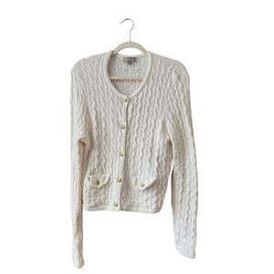 J.Crew Odette Cable Knit Cardigan Ivory Gold Button Size M Chanel Style